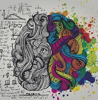 Abstract handrawing of brain with half in black and white, and half colorful.