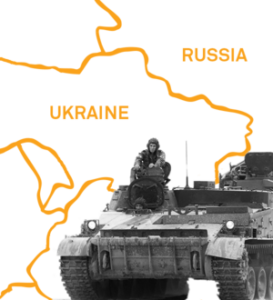 A photograph of a soldier in a tank placed on top of an outlined map of the border between Ukraine and Russia.